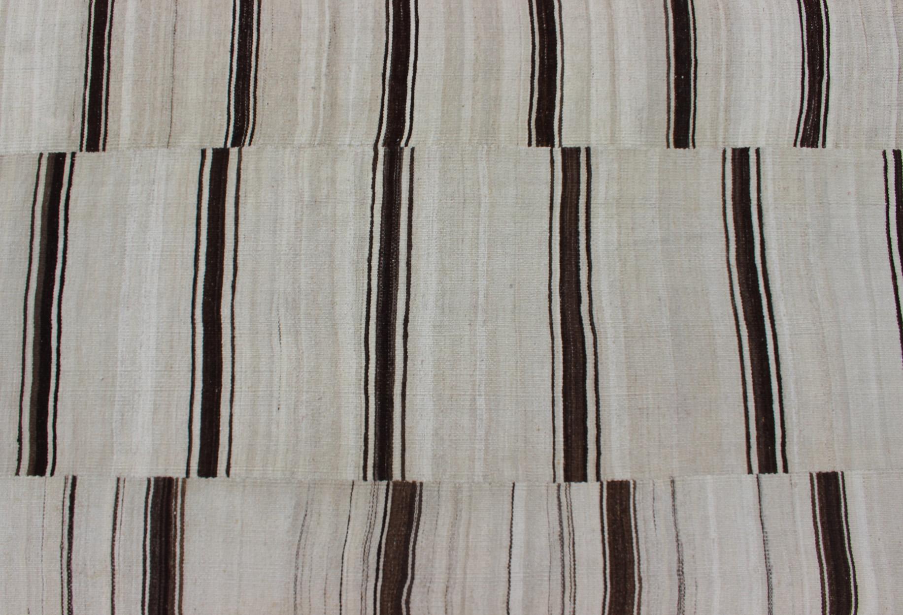Large Vintage Turkish Kilim Rug With Vertical Stripes in Cream and Brown Stripes For Sale 2