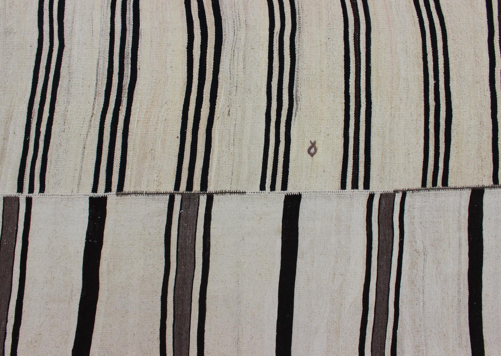 Wool Large Vintage Turkish Kilim Rug with Stripes in Cream and Brown Stripes For Sale