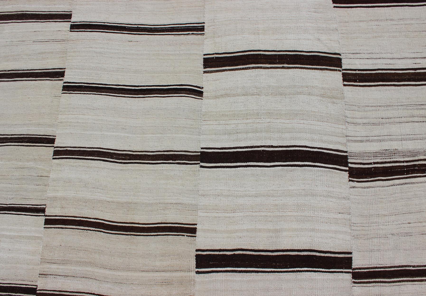 Large Vintage Turkish Kilim Rug With Vertical Stripes in Cream and Brown Stripes For Sale 3