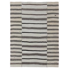 Large Retro Turkish Kilim Rug with Stripes in Cream and Brown Stripes