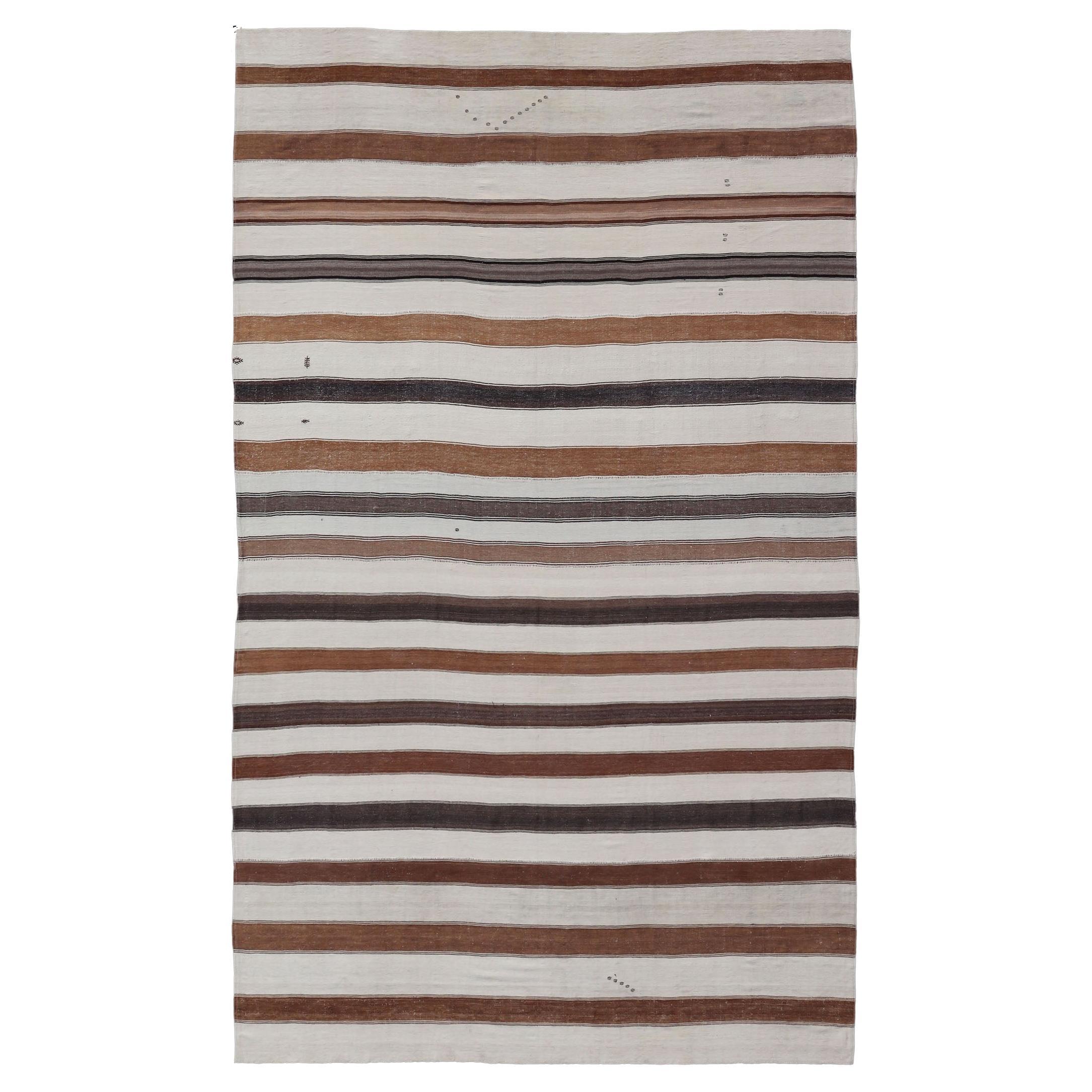 Large Vintage Turkish Kilim with Vertical Stripes in Tan, Taupe, Cream and Brown
