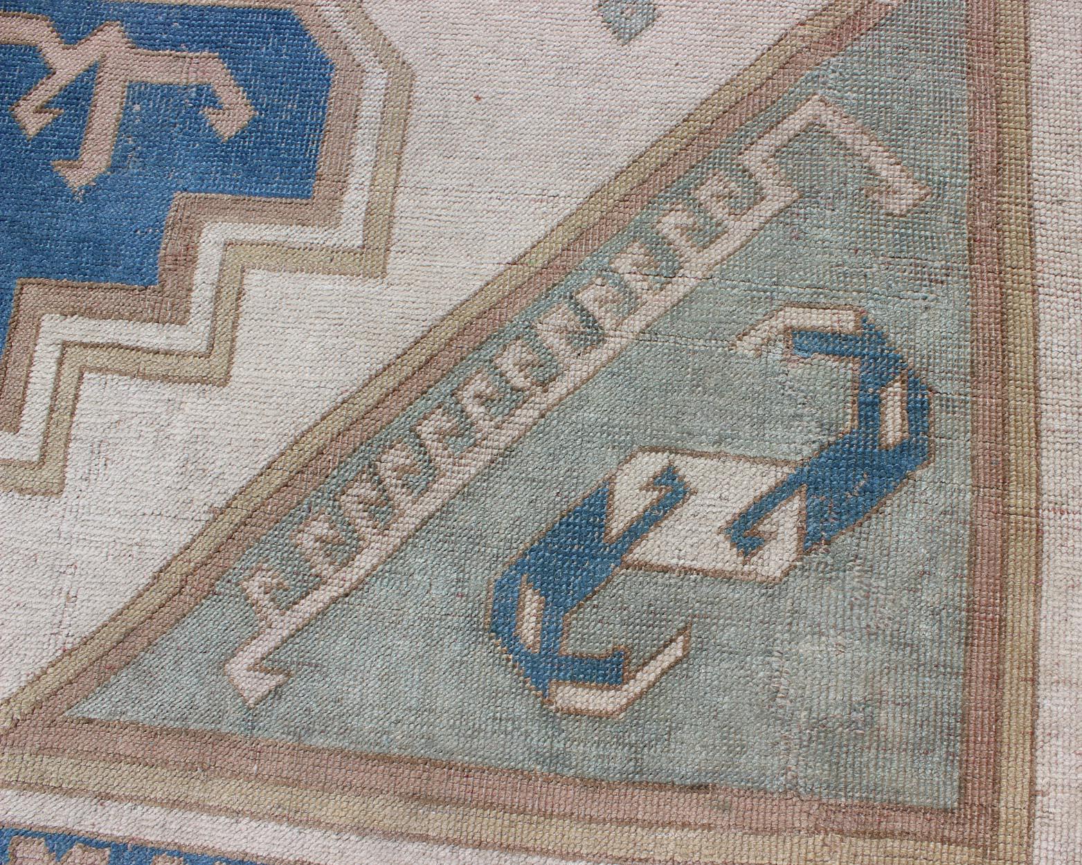 Large Vintage Turkish Rug with Stylized Geometric Design in Blue, Ivory, Tan For Sale 1