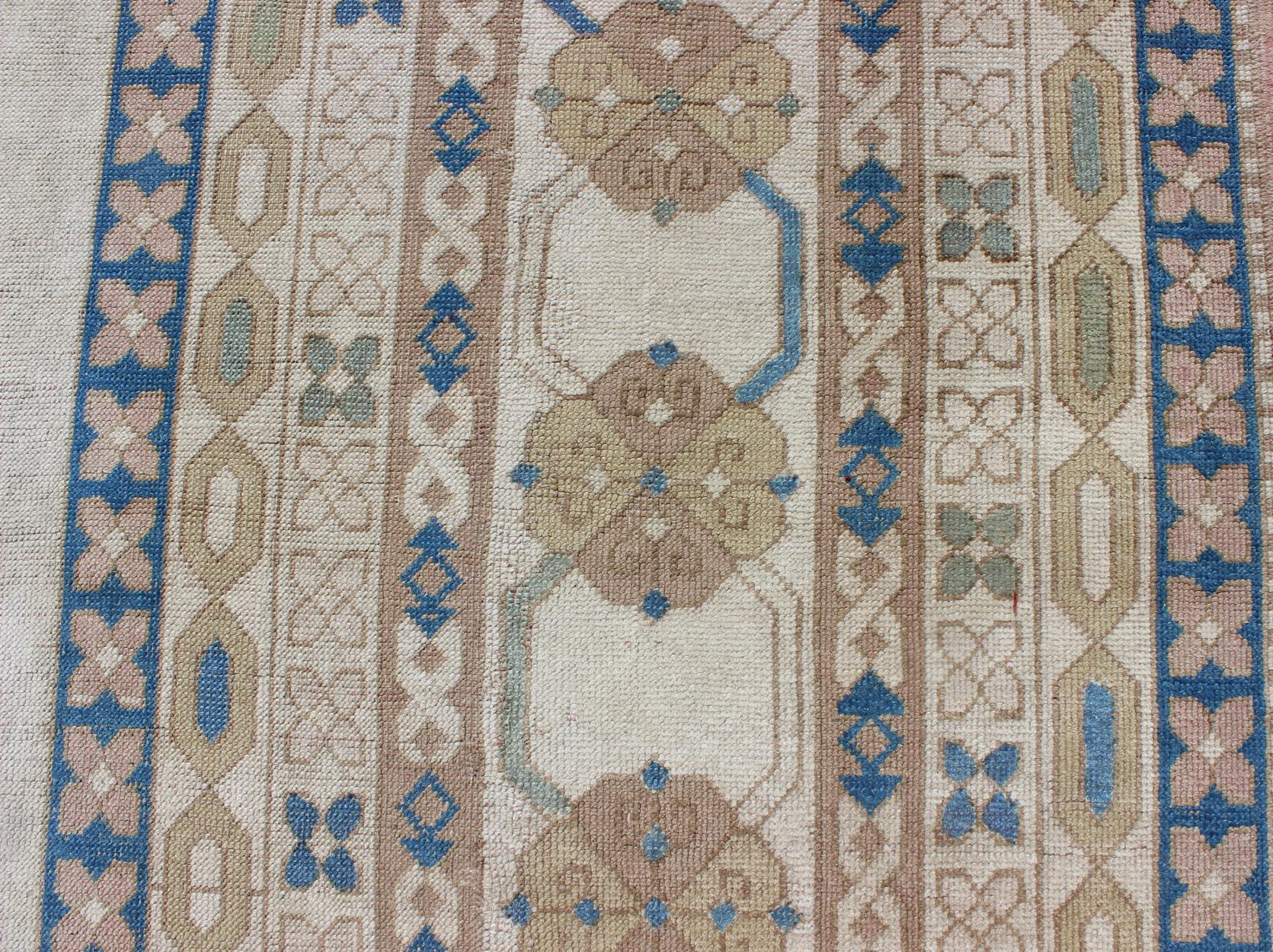 Large Vintage Turkish Rug with Stylized Geometric Design in Blue, Ivory, Tan For Sale 2