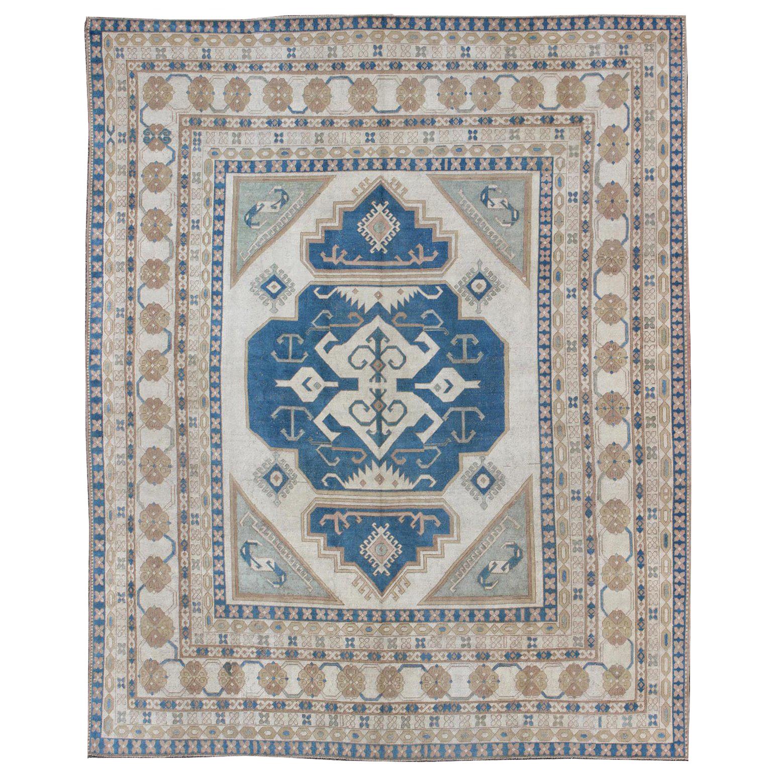 Large Vintage Turkish Rug with Stylized Geometric Design in Blue, Ivory, Tan For Sale