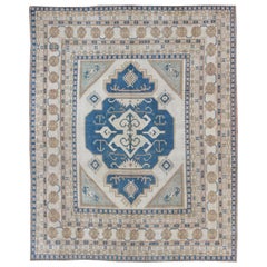 Large Vintage Turkish Rug with Stylized Geometric Design in Blue, Ivory, Tan