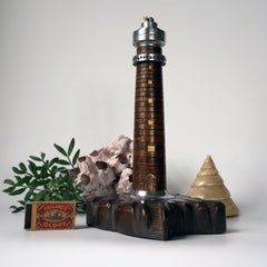 Large Vintage Folk Art Turned Wood Lighthouse Table Lighter, c. 1920s