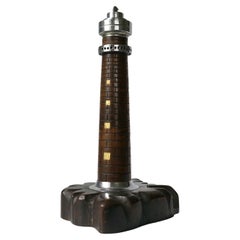 Large Vintage Folk Art Turned Wood Lighthouse Table Lighter, c. 1920s