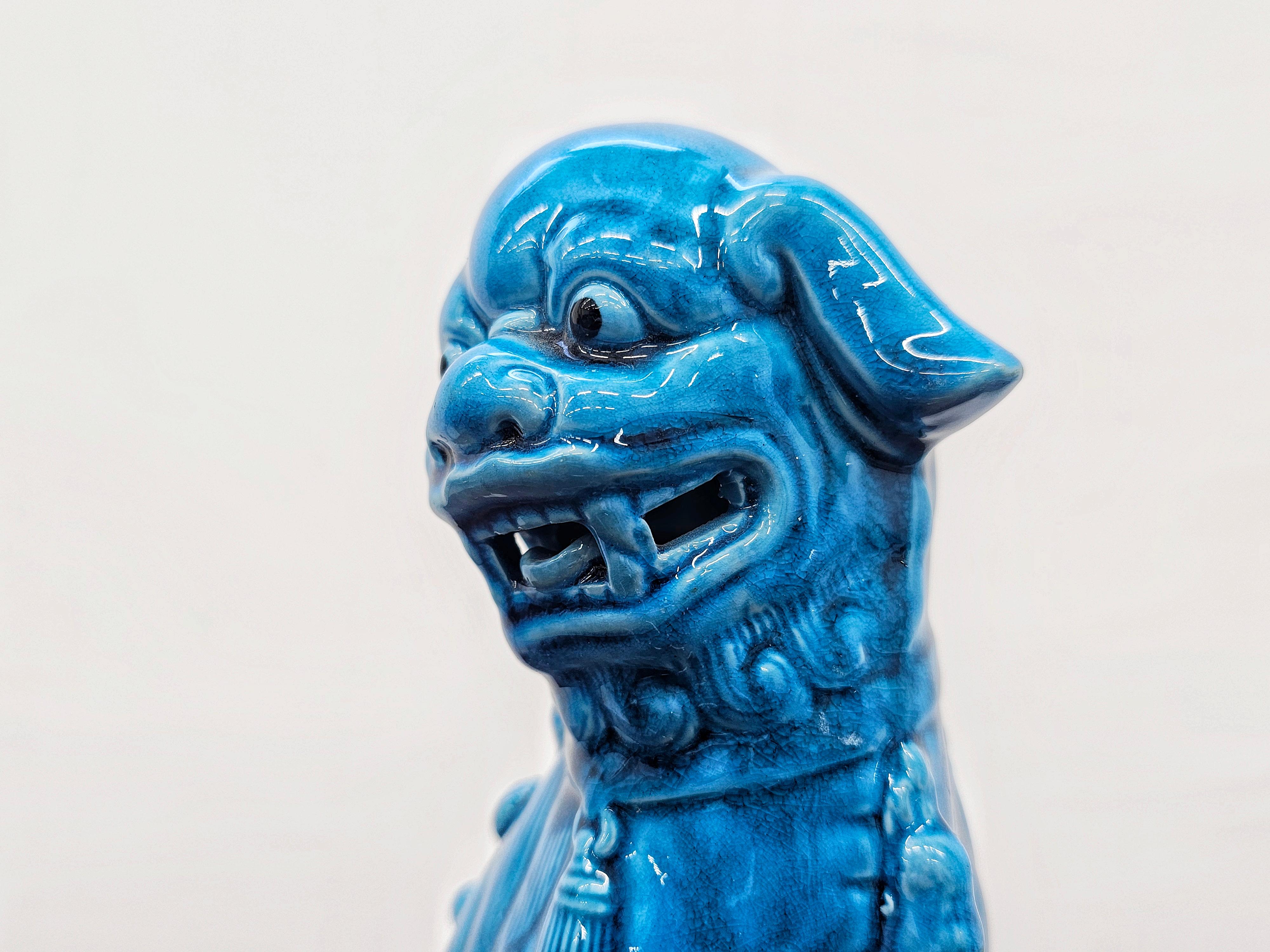Große türkisfarbene chinesische Vintage-D Drachen- Foo-Hunde-Figuren aus glasierter Keramik (Ende des 20. Jahrhunderts) im Angebot