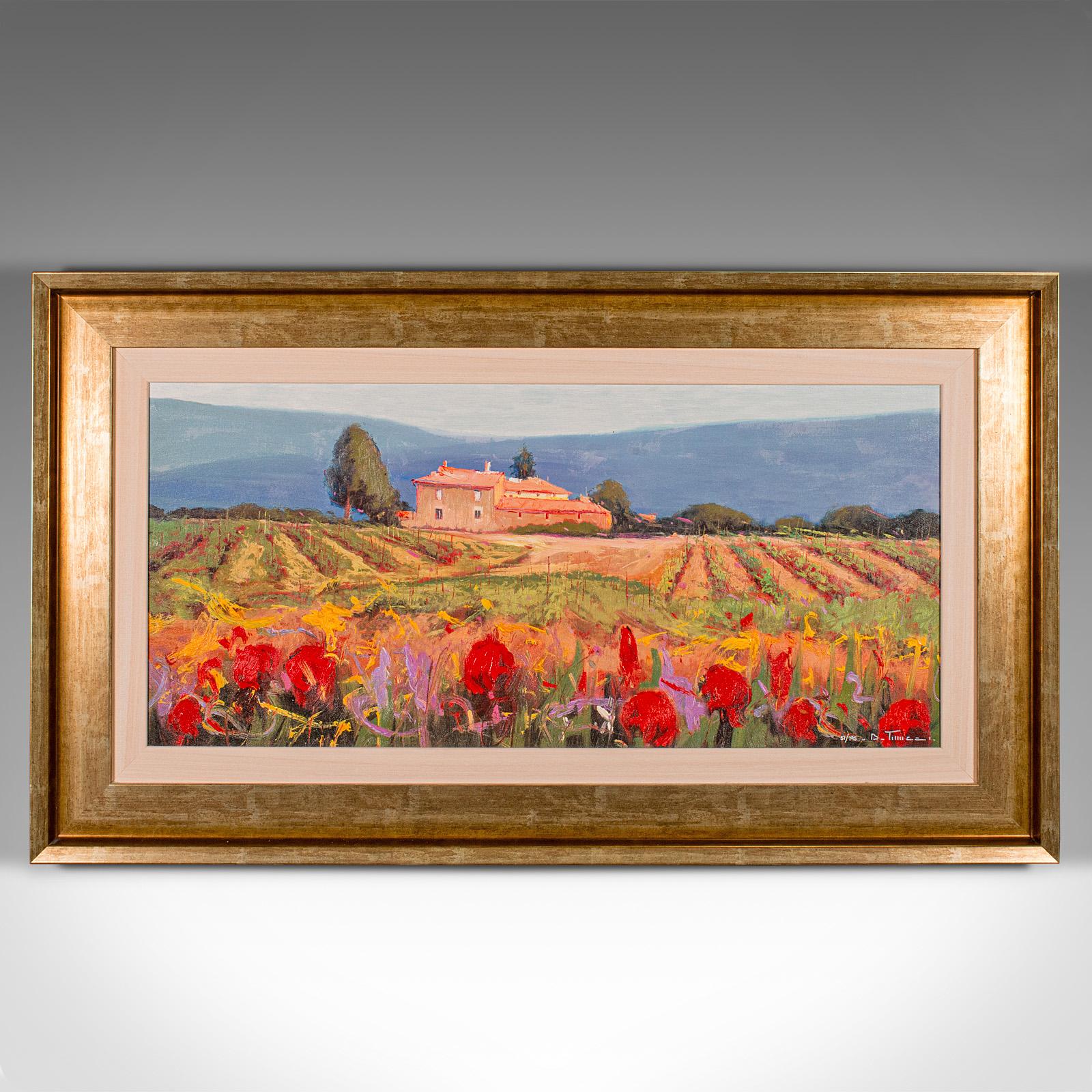 This is a large vintage Tuscan landscape. An Italian, framed oil on canvas, dating to the late 20th century, circa 1990.

Self taught, and known as 'the artistic voice of Tuscany', Bruno Tinucci (1947 - ) has been exhibiting in galleries since 1972.