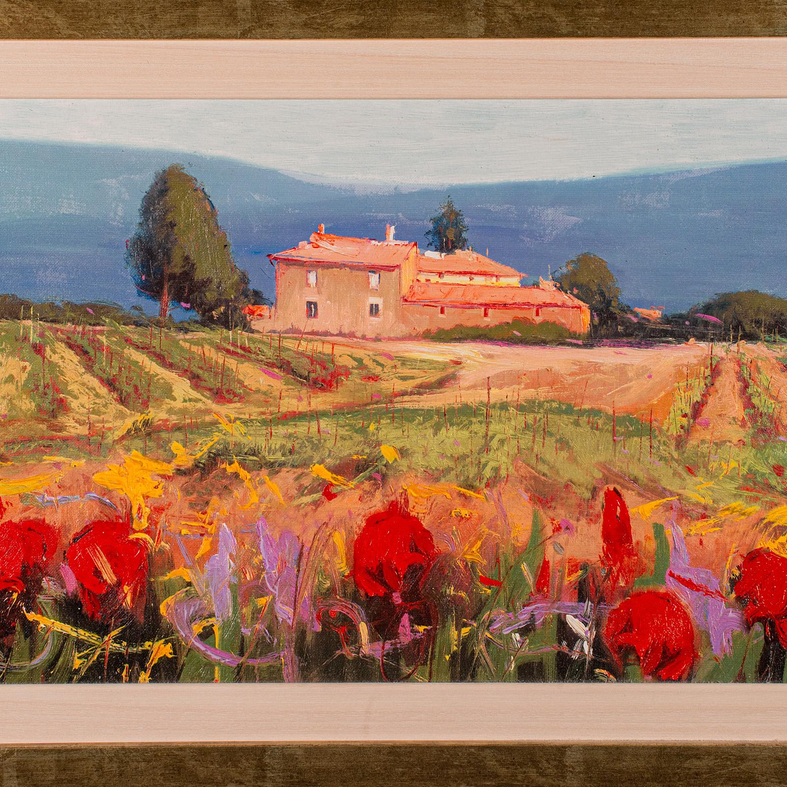 Large Vintage Tuscan Landscape, Italian, Framed Oil on Canvas, Artist Signed In Good Condition For Sale In Hele, Devon, GB