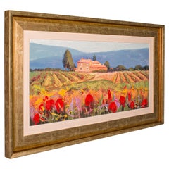 Grand paysage toscan vintage, italien, huile sur toile encadrée, signée par l'artiste
