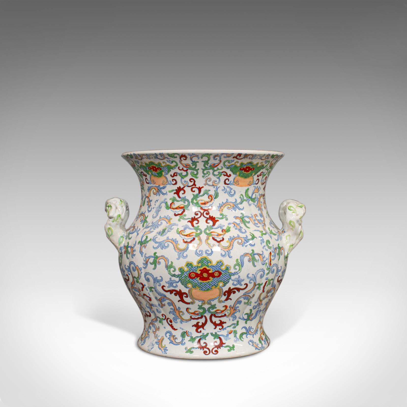 This is a large, vintage vase. An oriental, ironstone decorative pot or centrepiece and dating to the mid-20th century, circa 1950.

Of generous proportion with 19cm (7.5