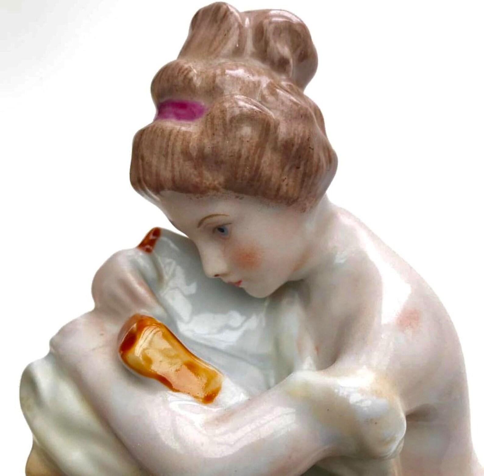 Large Vintage Vase with Girl Sculpture Reading a Book Hand-Painted Porcelain For Sale 2