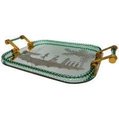 Large Vintage Venetian Mirrored Tray, Brass Cast Handles, Green Rope Detail