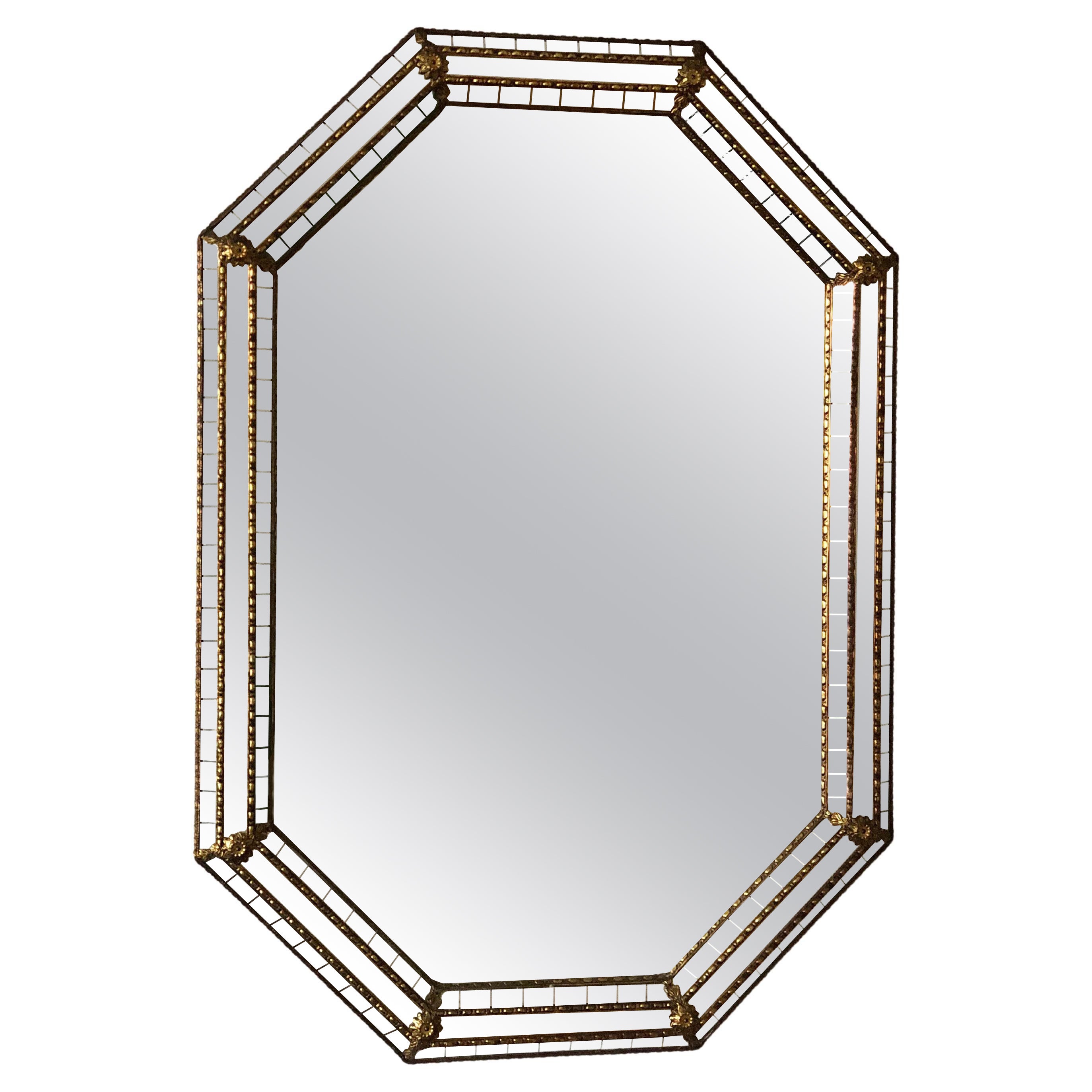 Großer Vintage Venezianischer Achteckiger Spiegel Hollywood Regency in Gold Spanien 1990s