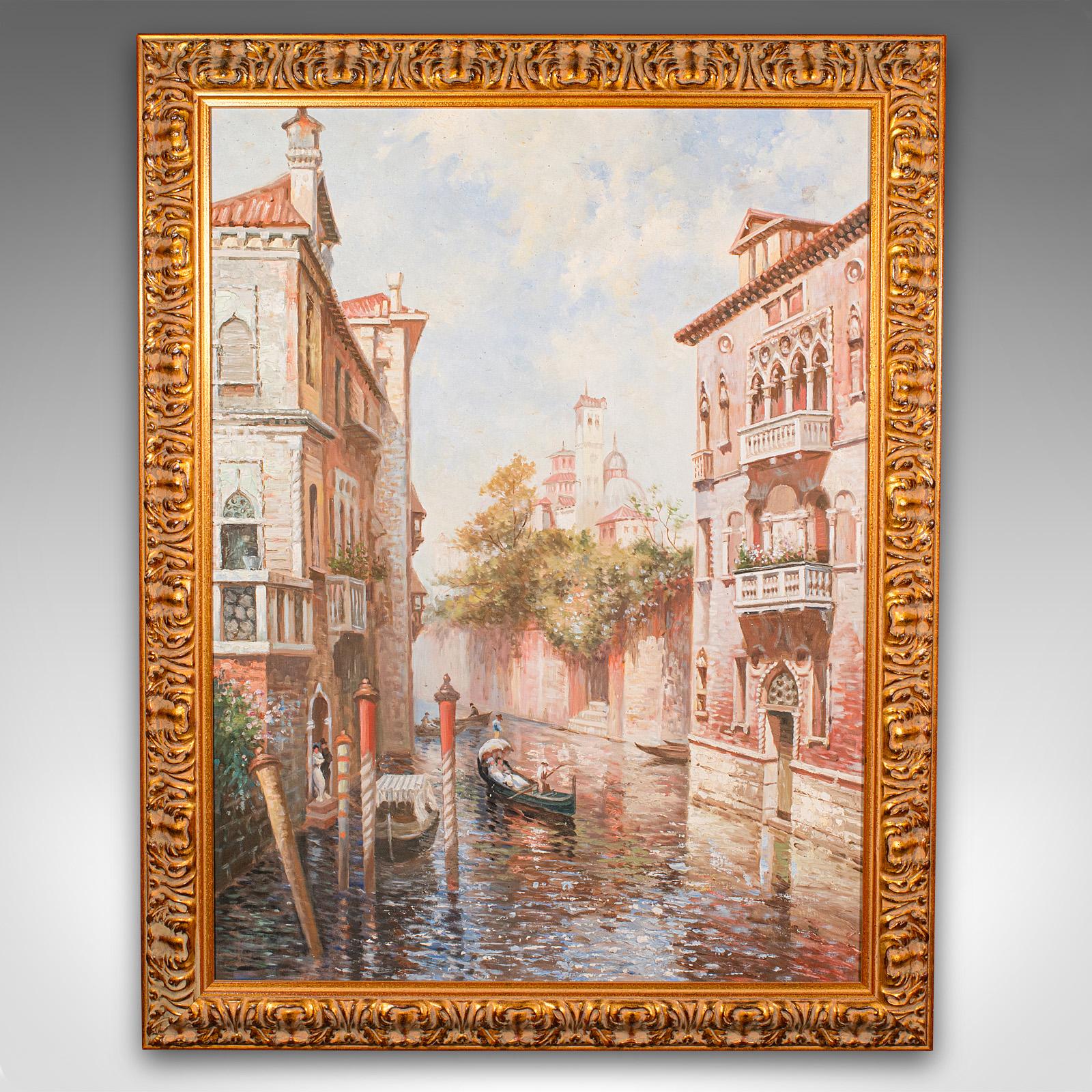 Dies ist ein großes venezianisches Gemälde im Vintage-Stil. Eine kontinentale Studie von Venedig in Öl auf Leinwand, aus dem späten 20. Jahrhundert, um 1980.

Ein venezianisches Vergnügen - in wunderbaren Farben festgehalten und in einem schönen