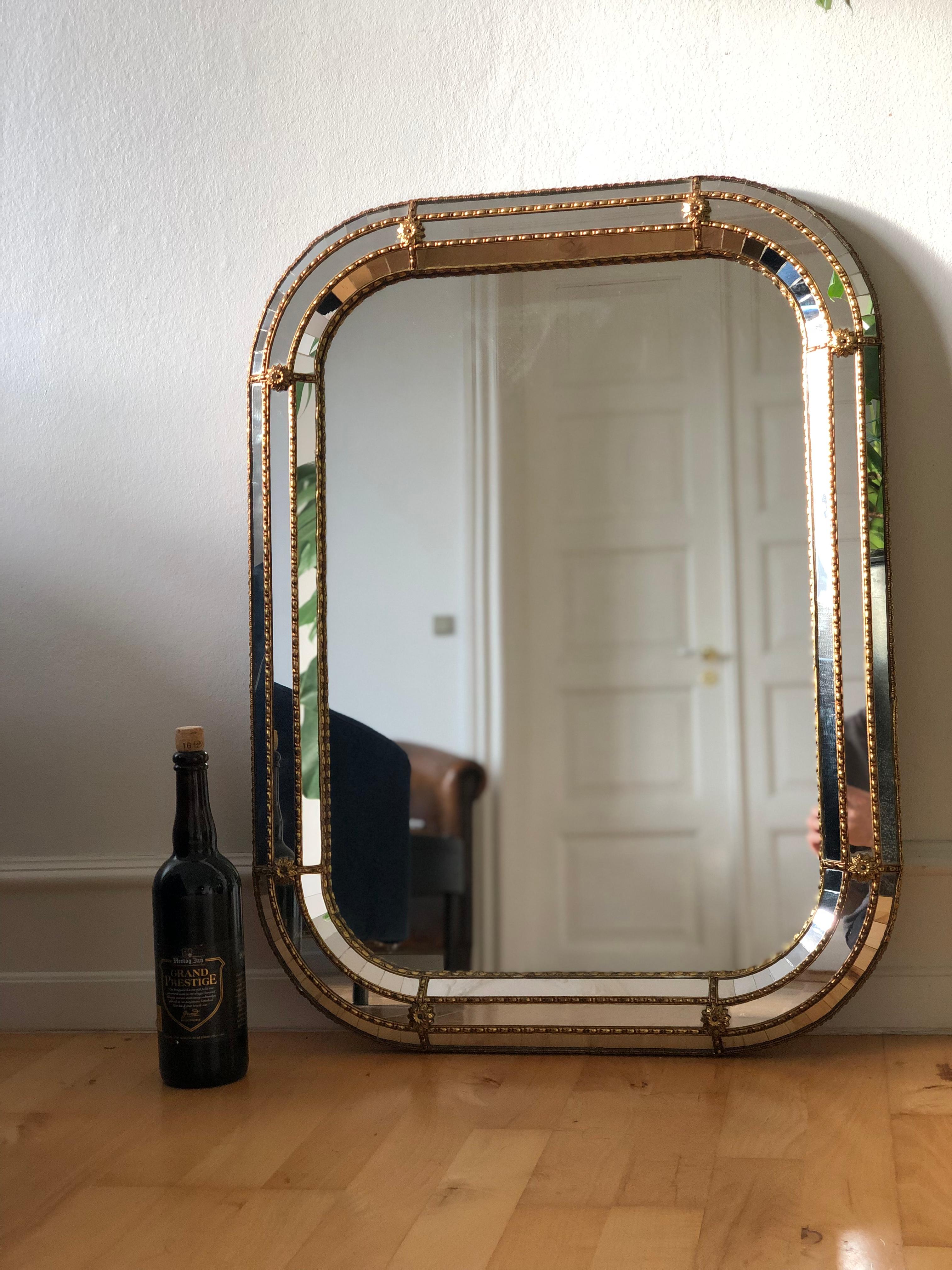 Ottone Grande specchio rettangolare veneziano d'epoca Hollywood Regency in oro Spagna anni '90 in vendita