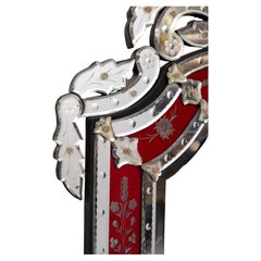 Large Vintage Venetian Red Glass Etched Wall Mirror