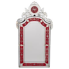 Großer venezianischer roter geätzter Wandspiegel aus Glas, Vintage