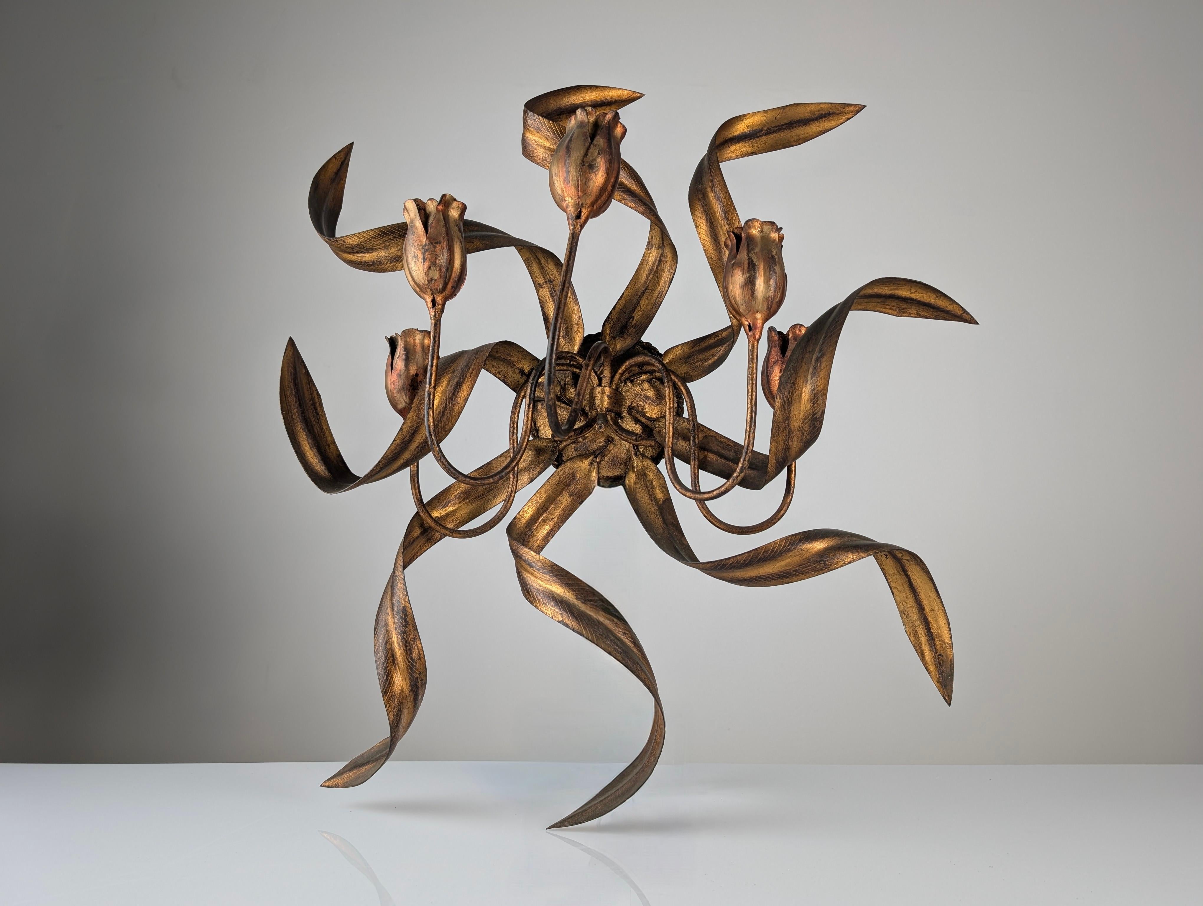 Mid-Century Modern Large Vintage Wall Candelabra with Golden Tulips, 1960s For Sale