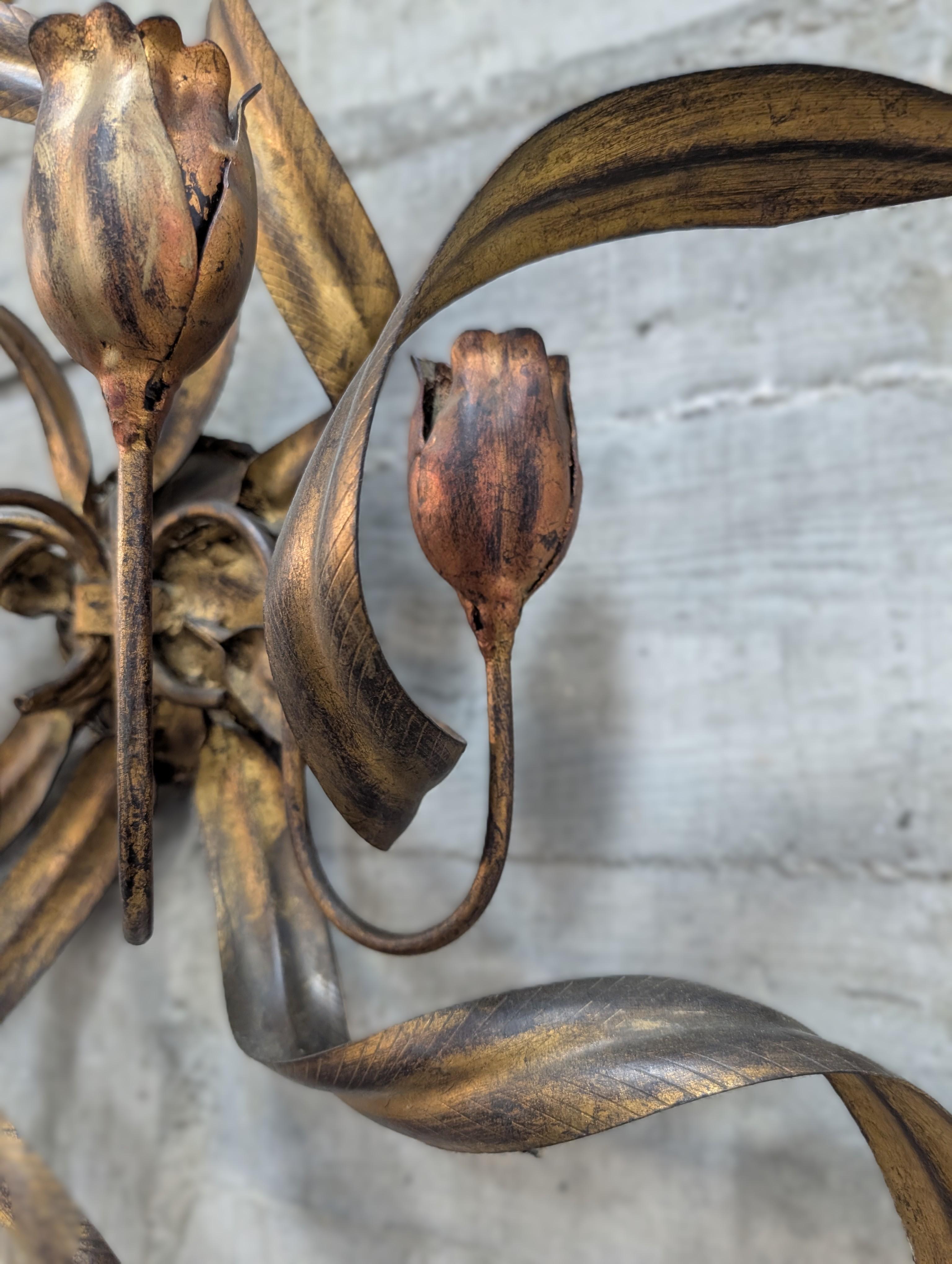 20th Century Large Vintage Wall Candelabra with Golden Tulips, 1960s For Sale