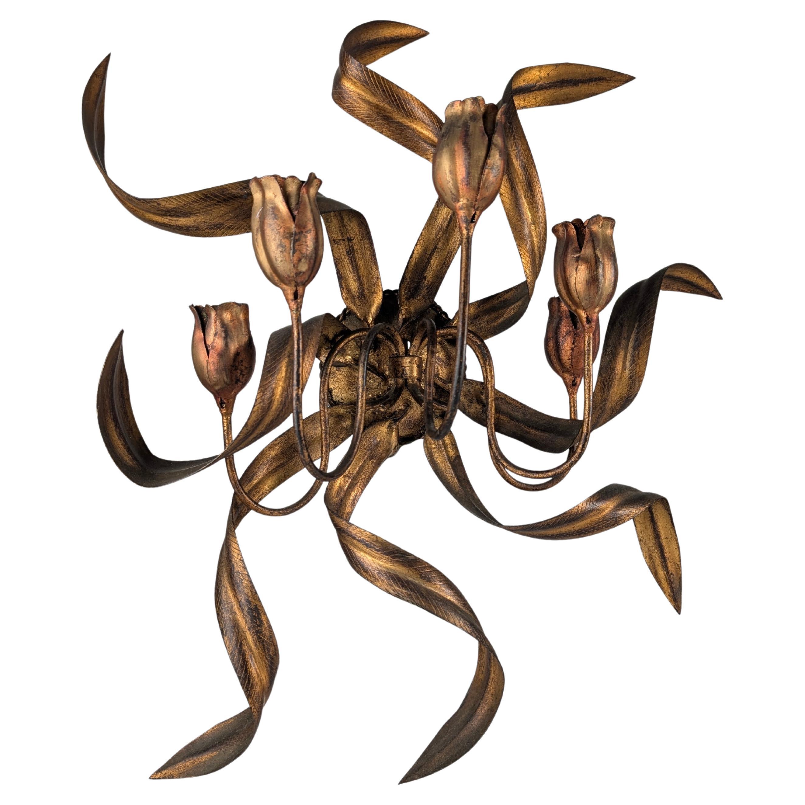 Large Vintage Wall Candelabra with Golden Tulips, 1960s For Sale