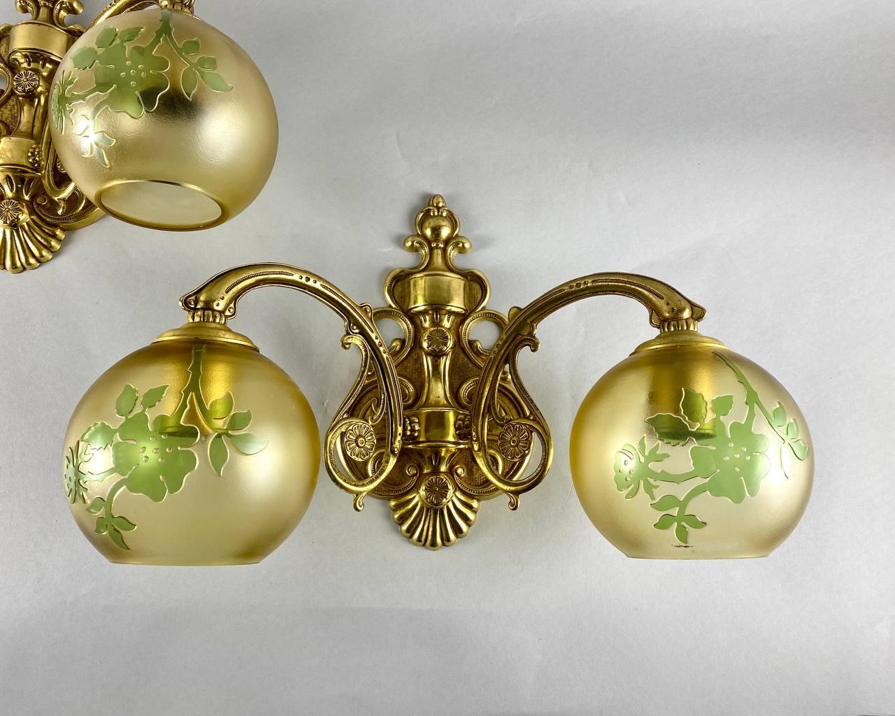 Late 20th Century Large Vintage Wall Sconces  Art Nouveau Pair Of Double Arm Wall Lamps For Sale