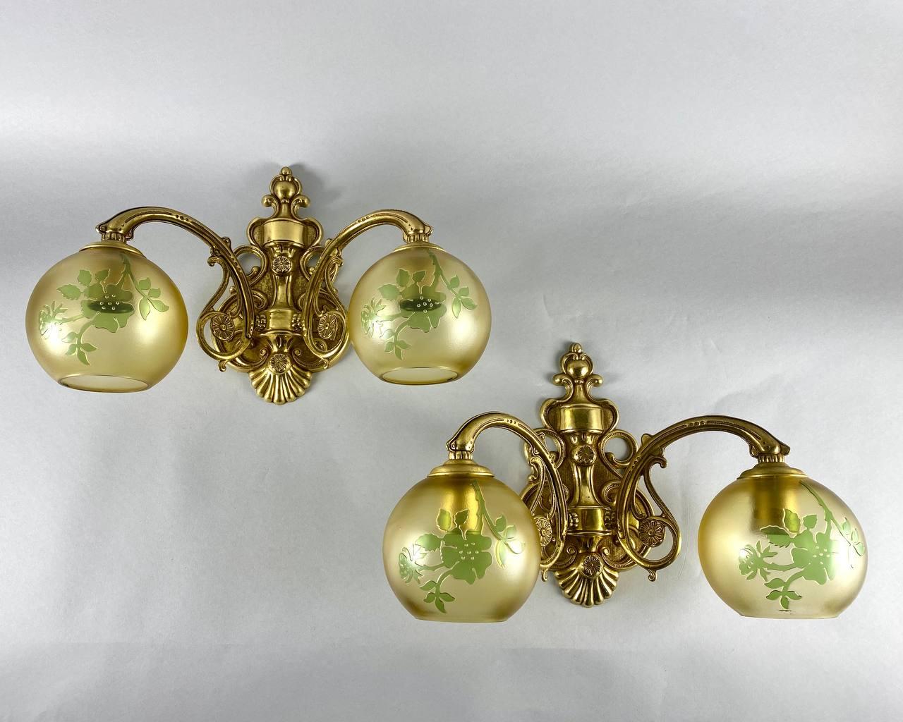 Glass Large Vintage Wall Sconces  Art Nouveau Pair Of Double Arm Wall Lamps For Sale