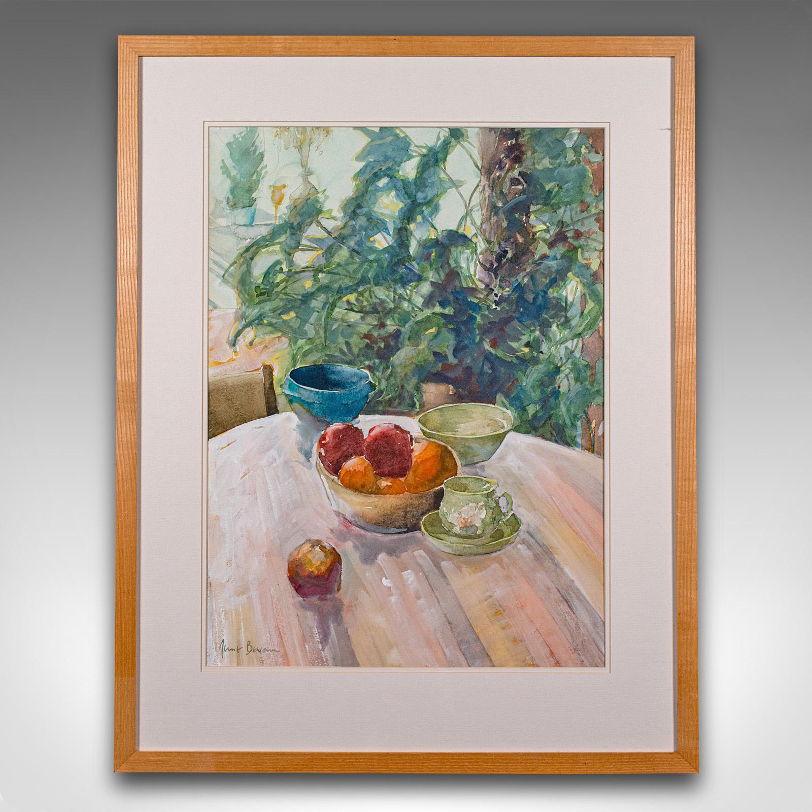 
This is a large vintage watercolour painting 'Fruit on the Dining Table.' An English, framed still life signed by the artist, dating to the late 20th century, circa 1990.

Nicely presented watercolour with delightful colour
Displays a desirable