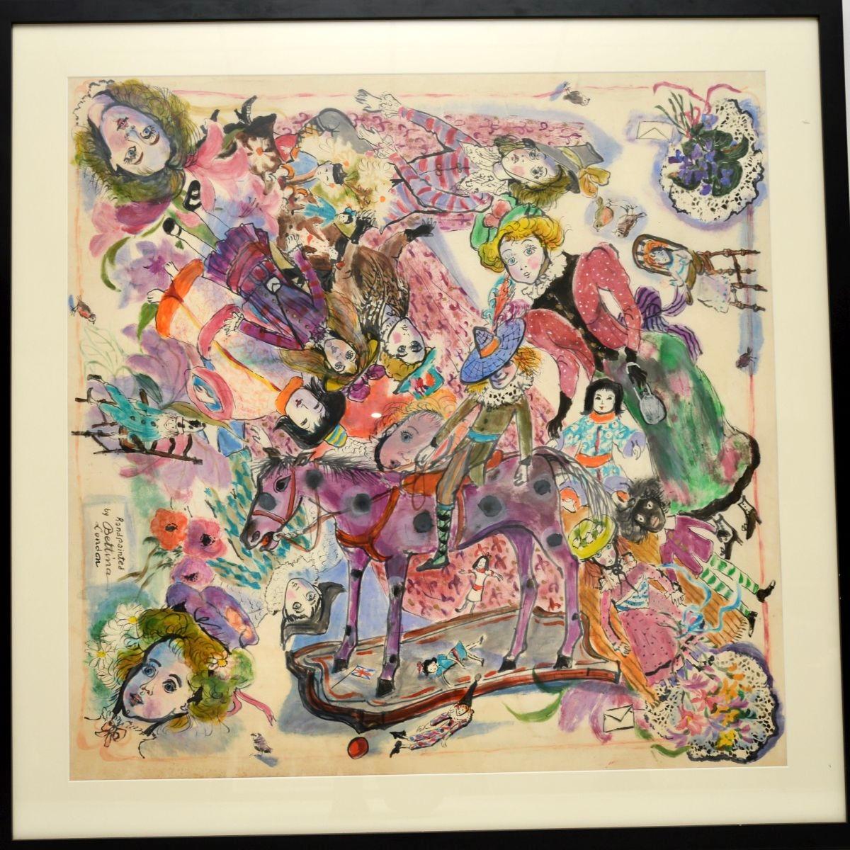 Ein wunderbares und sehr auffälliges großes Vintage-Aquarell von Bettina - mit dem Titel: Puppen und Spielzeug - 1973.

Es ist wunderschön ausgeführt und hat ein skurriles Design, das bunte Puppen und Spielzeuge zeigt.

Es ist vom Künstler signiert,