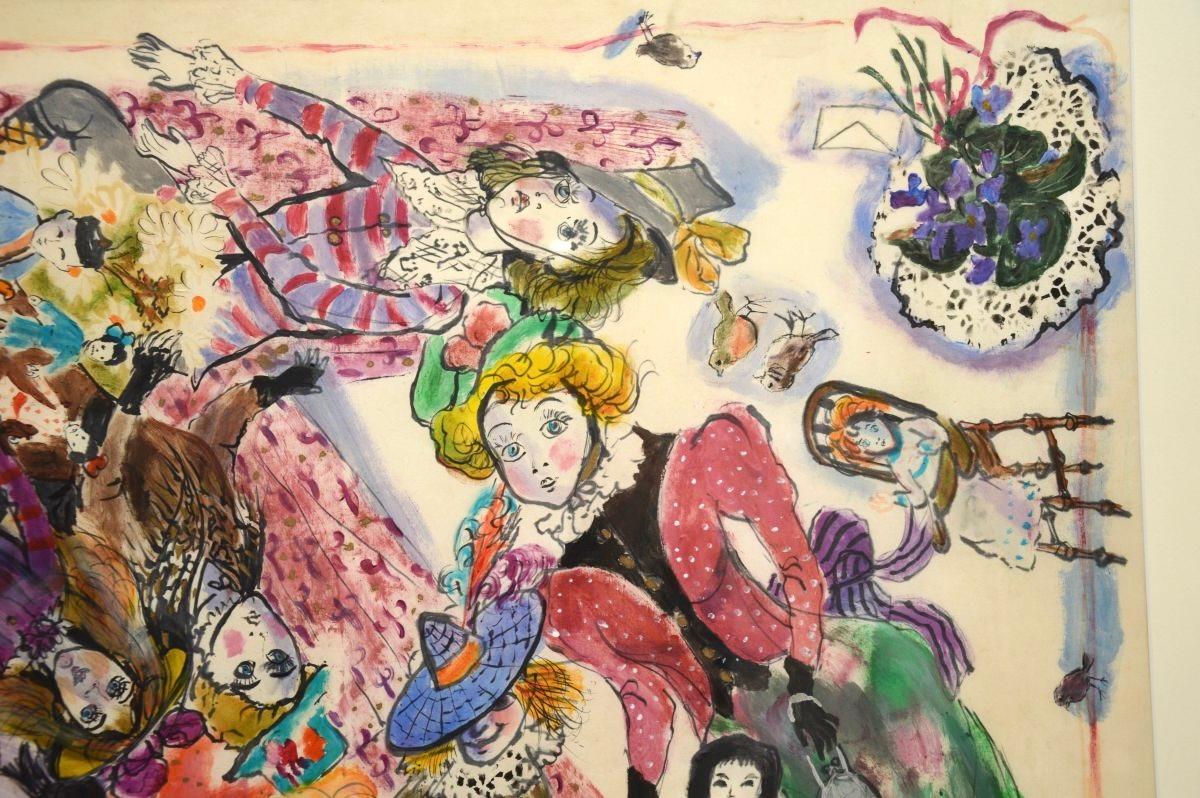 Großes Vintage-Aquarell von Bettina - Titel: Puppen und Spielzeug - 1973 (Moderne der Mitte des Jahrhunderts) im Angebot