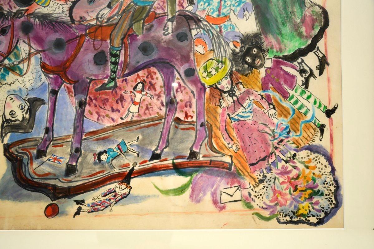 Großes Vintage-Aquarell von Bettina - Titel: Puppen und Spielzeug - 1973 im Zustand „Gut“ im Angebot in London, GB