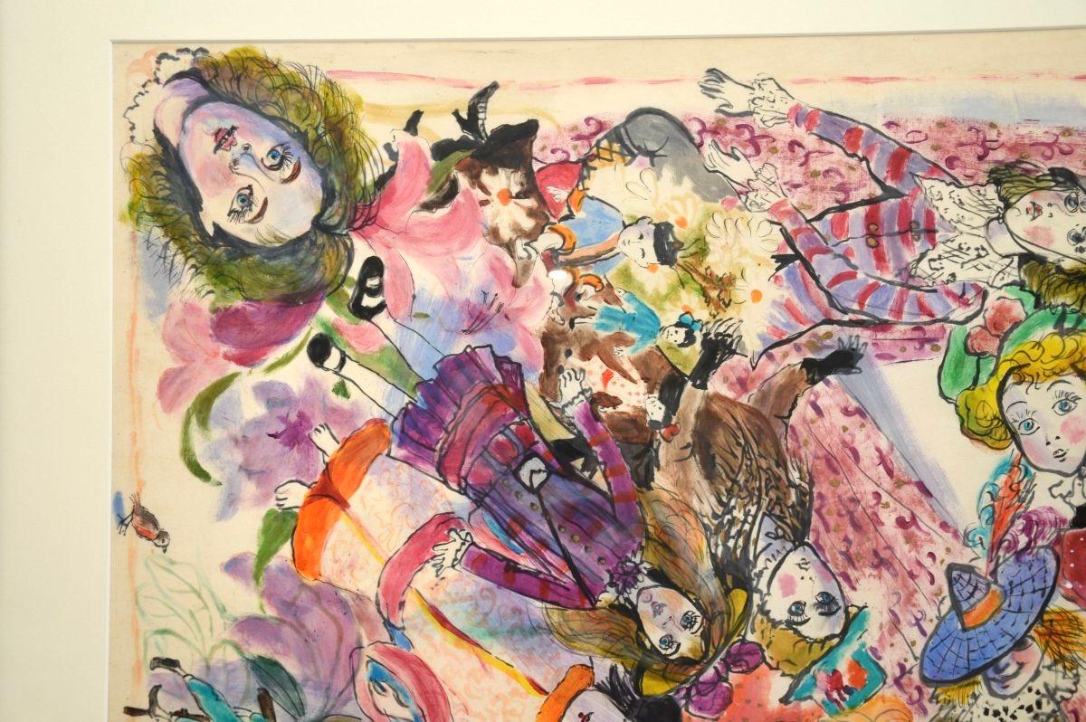 Großes Vintage-Aquarell von Bettina - Titel: Puppen und Spielzeug - 1973 (Ende des 20. Jahrhunderts) im Angebot