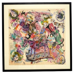 Large Vintage Watercolour Painting by Bettina – Titled: Dolls and Toys – 1973