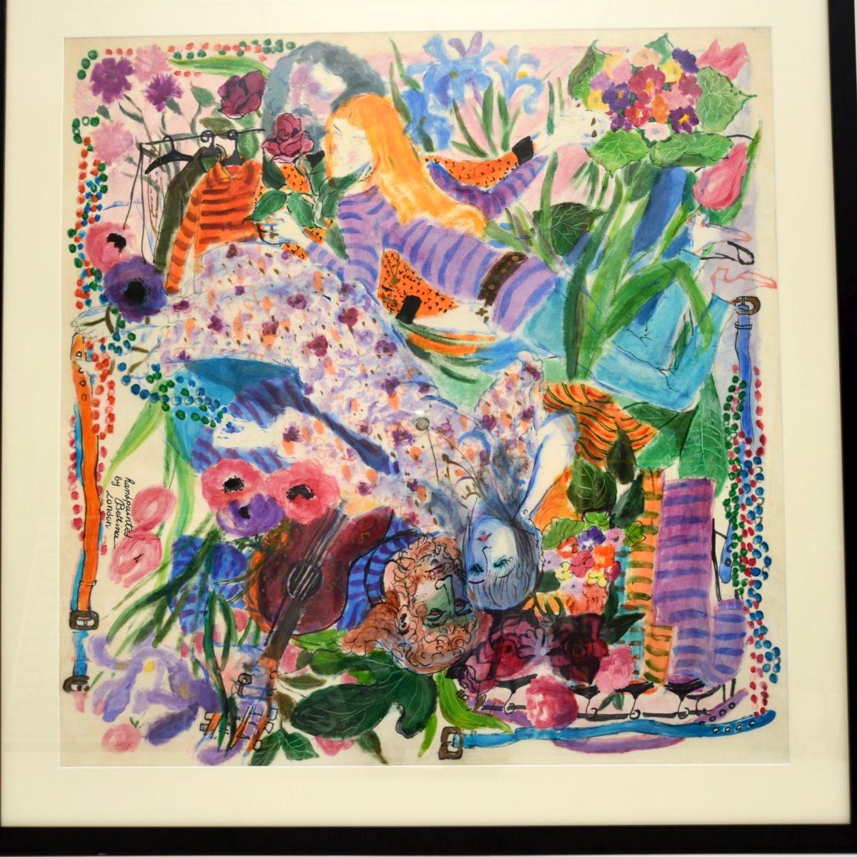 Ein wundervolles und sehr auffälliges großes Aquarell von Bettina - mit dem Titel: Hippy Lovers - 1973.

Es ist wunderschön ausgeführt und hat ein skurriles Design, das bunte Hippie-Liebhaber zeigt.

Es ist vom Künstler signiert, wunderschön gerahmt