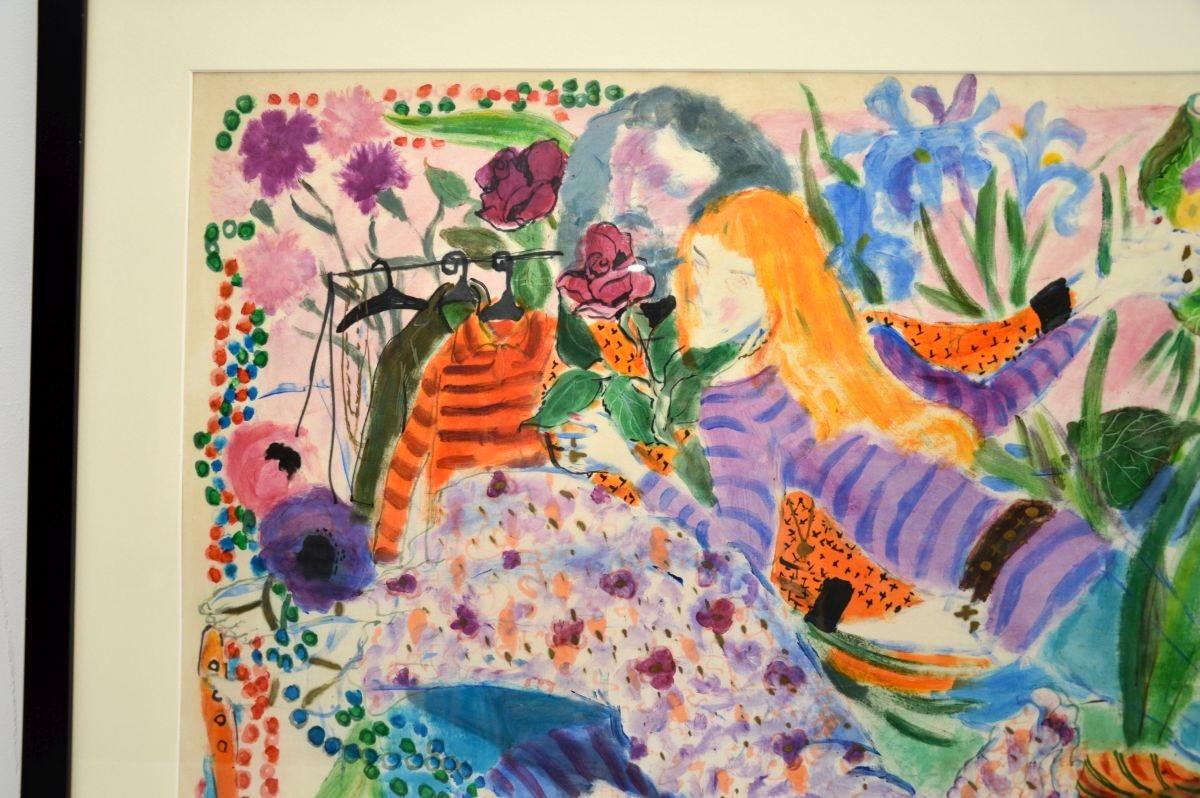 Großes Vintage-Aquarell von Bettina - Titel: Hippie-Liebhaber - 1973 (Moderne der Mitte des Jahrhunderts) im Angebot