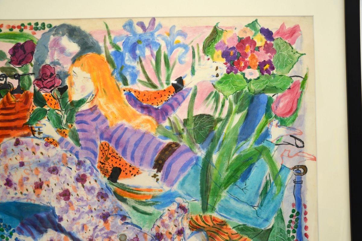 Großes Vintage-Aquarell von Bettina - Titel: Hippie-Liebhaber - 1973 (Britisch) im Angebot