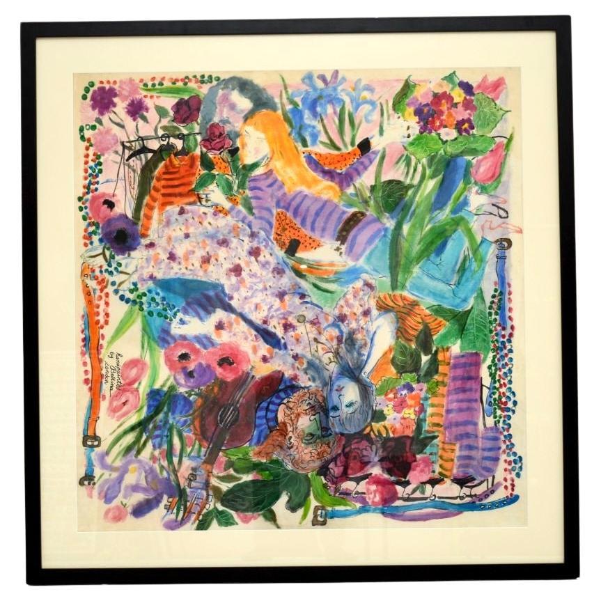 Large Vintage Watercolour Painting by Bettina – Titled: Hippy Lovers – 1973