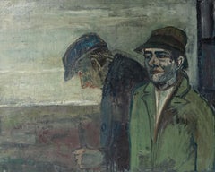 Large Vintage Welsh Portrait Of Two Farmers In A Landscape, Oil On Canvas