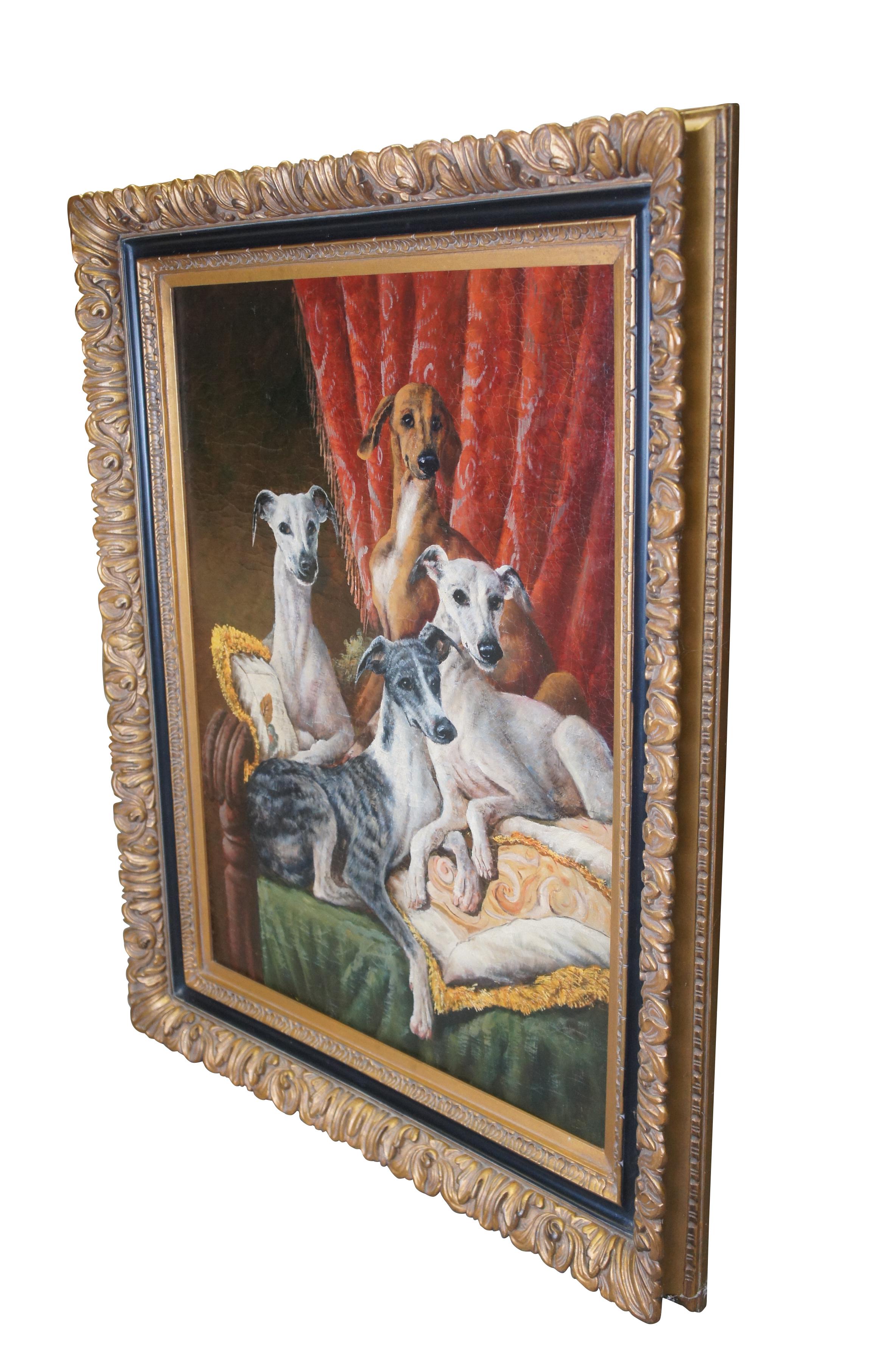 Large vintage oil painting on board depicting a family of four Whippet dogs on a daybed with pillows.  Framed in baroque gold floral acanthus and ebonized frame.

Dimensions:
45