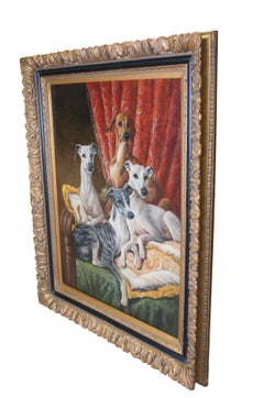 Large Vintage Whippet Dog Family Portrait Oil Painting on Board 57"