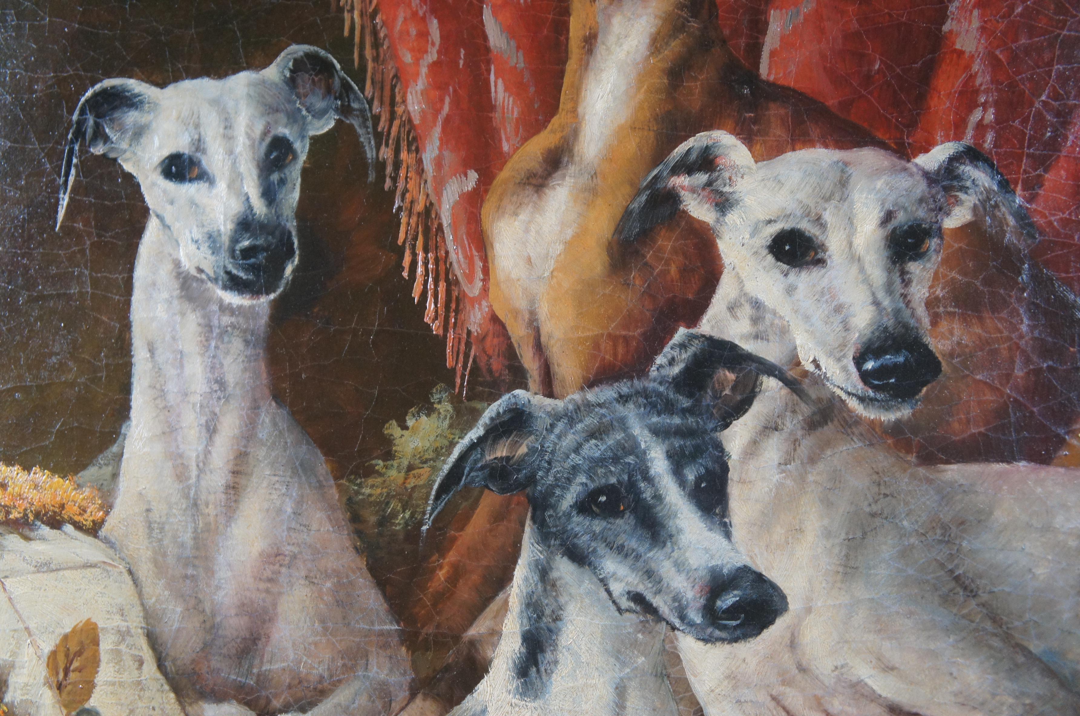 Large Vintage Whippet Dog Family Portrait Oil Painting on Board 57