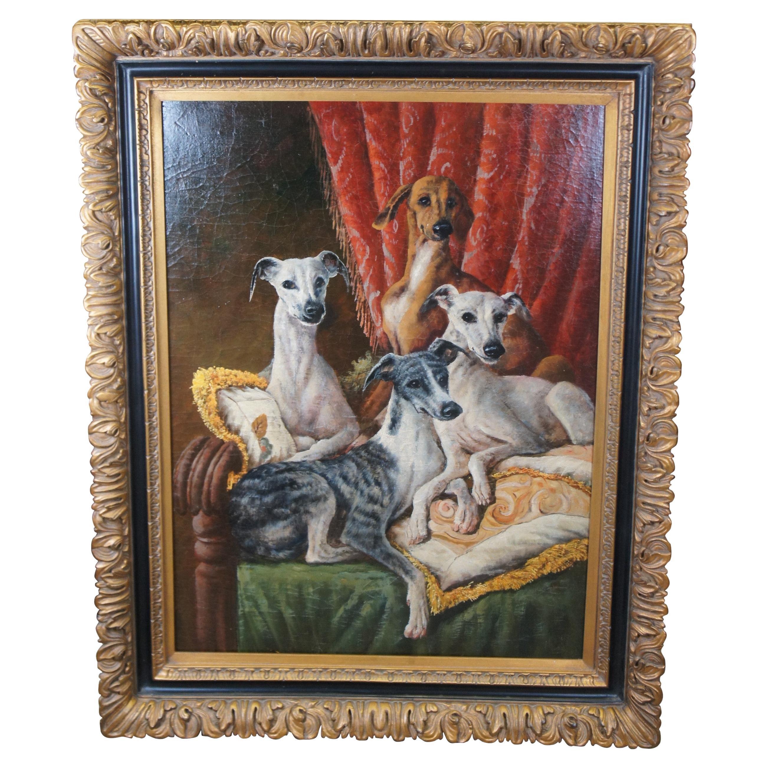 Large Vintage Whippet Dog Family Portrait Oil Painting on Board 57"