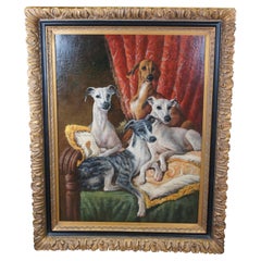 Large Vintage Whippet Dog Family Portrait Oil Painting on Board 57"