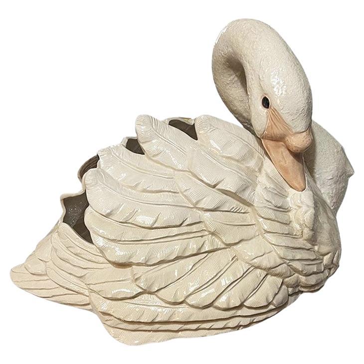 Grande jardinière, vase ou sculpture vintage en céramique blanche représentant un Swan