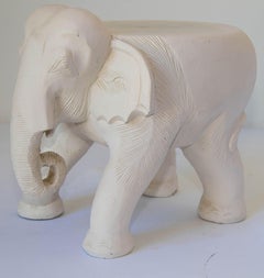 Large Vintage White Hand-Carved Wood Elephant Stand Side Table