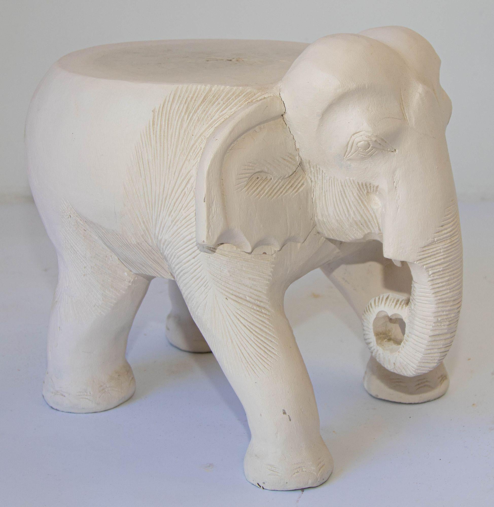 Large Vintage White Hand-Carved Wood Elephant Stand Side Table For Sale 8