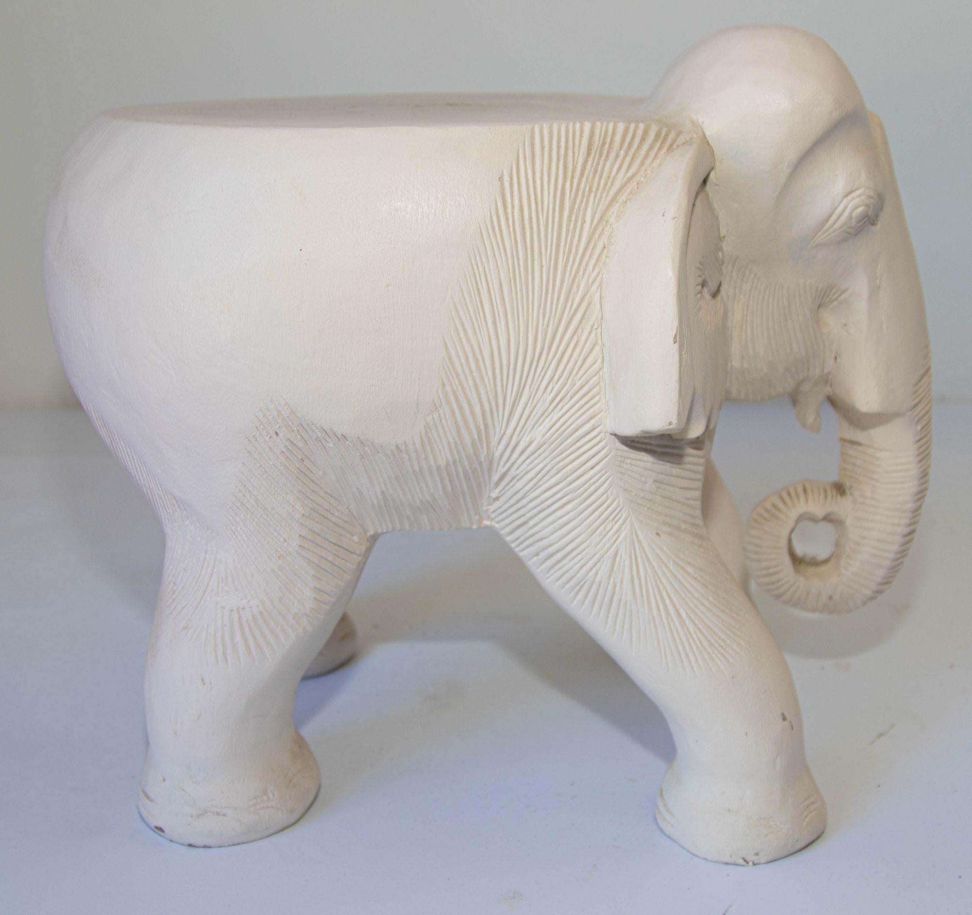 Indian Large Vintage White Hand-Carved Wood Elephant Stand Side Table For Sale