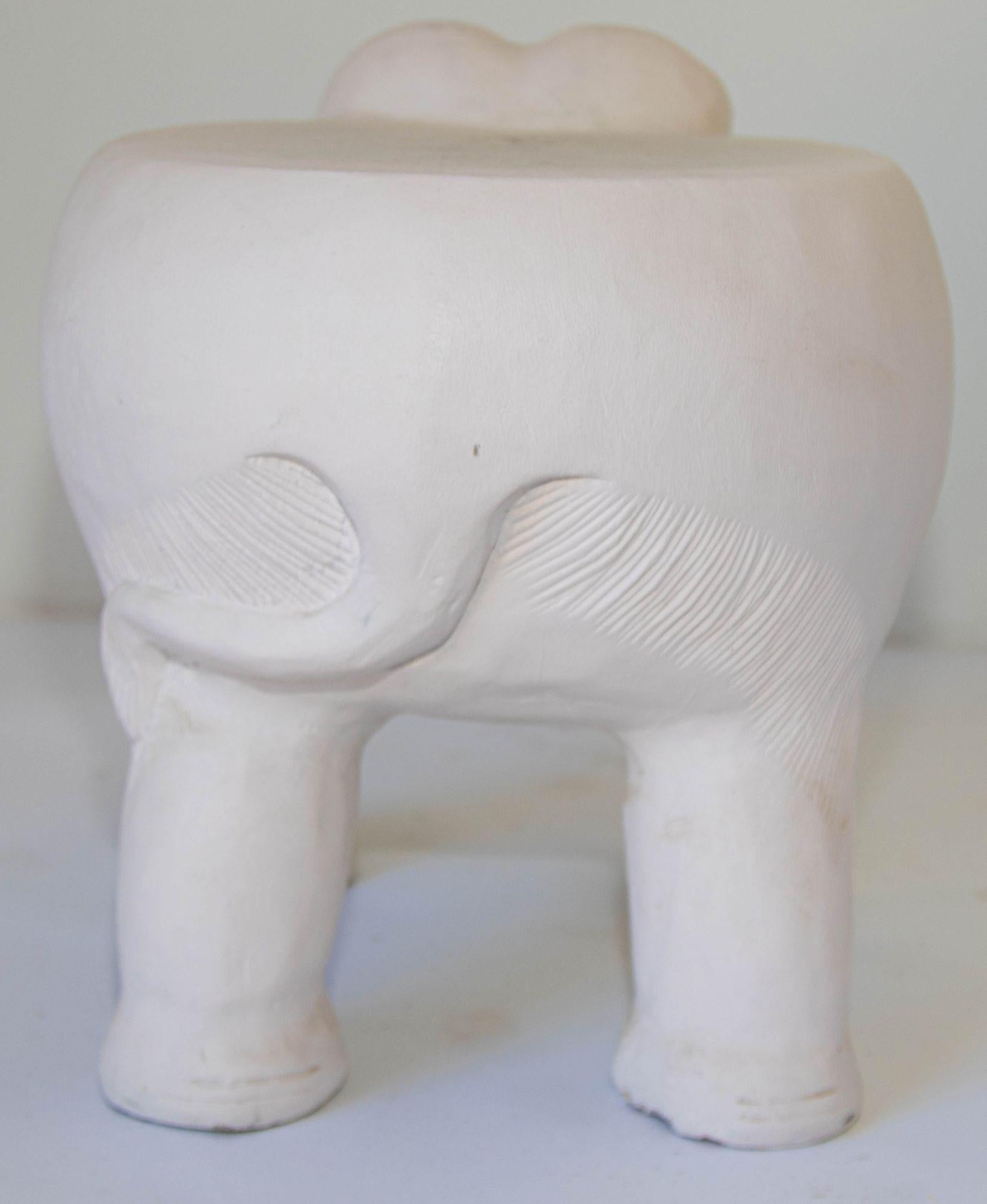 Large Vintage White Hand-Carved Wood Elephant Stand Side Table For Sale 1