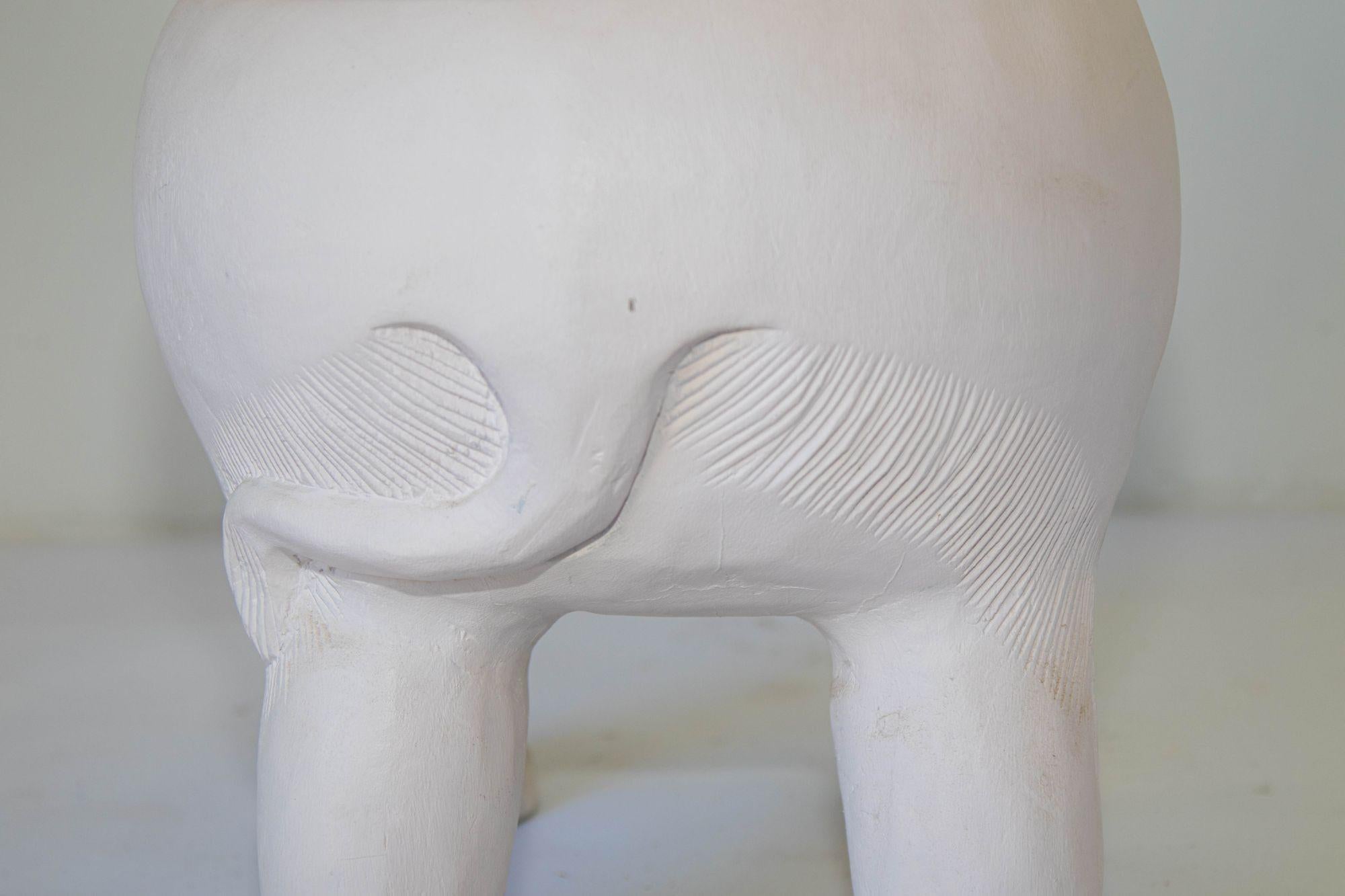 Large Vintage White Hand-Carved Wood Elephant Stand Side Table For Sale 7